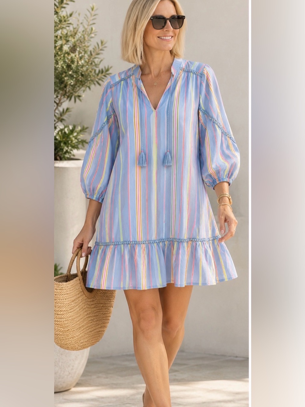 crown & ivy Pastel Blue Multicolor Striped V-Neck Dress - Picture 1 of 9